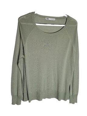 Zara Top Women's Size XL Light Green Long Sleeve Crew Neck Slinky Viscose